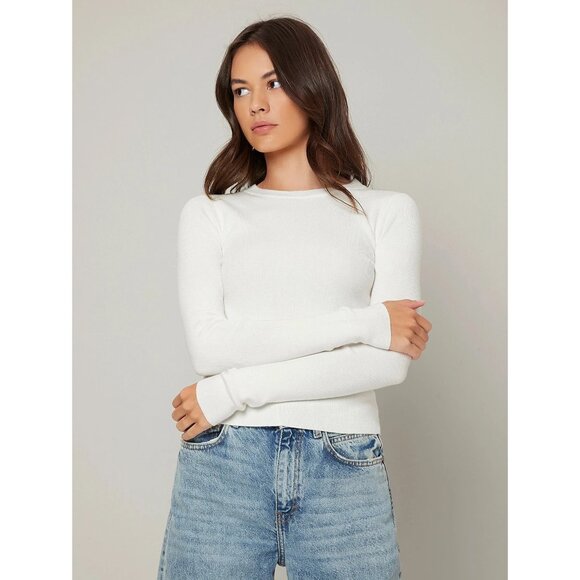 High cut crewneck fitted slim sweater soft knit classic preppy minimalist - Picture 1 of 3